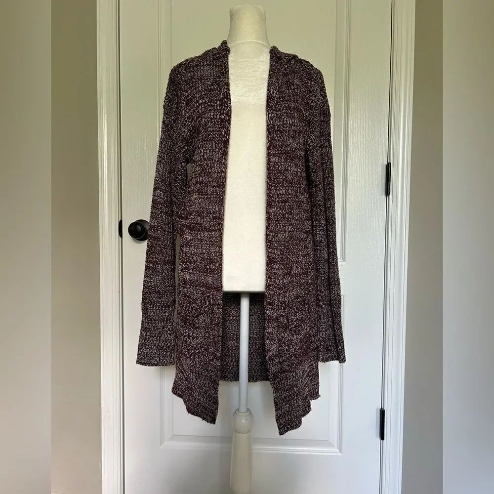 Poof! New York Women’s Maroon Knit Open Front Hooded Sweater Cardigan Size Large